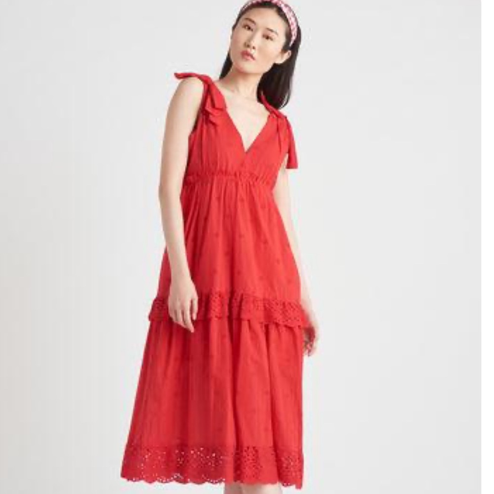 DEX Tiered Eyelet Tie Strap Midi Dress in Fiery Red